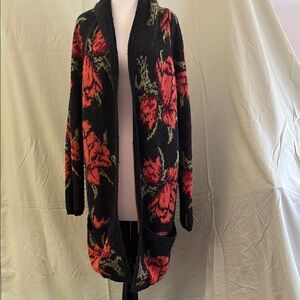 Free People Black and Red Floral Cardigan Sweater